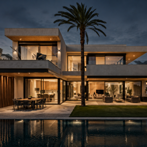 Twilight Modern Villa Reflected in Pool